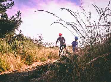 two people riding mountain bikes